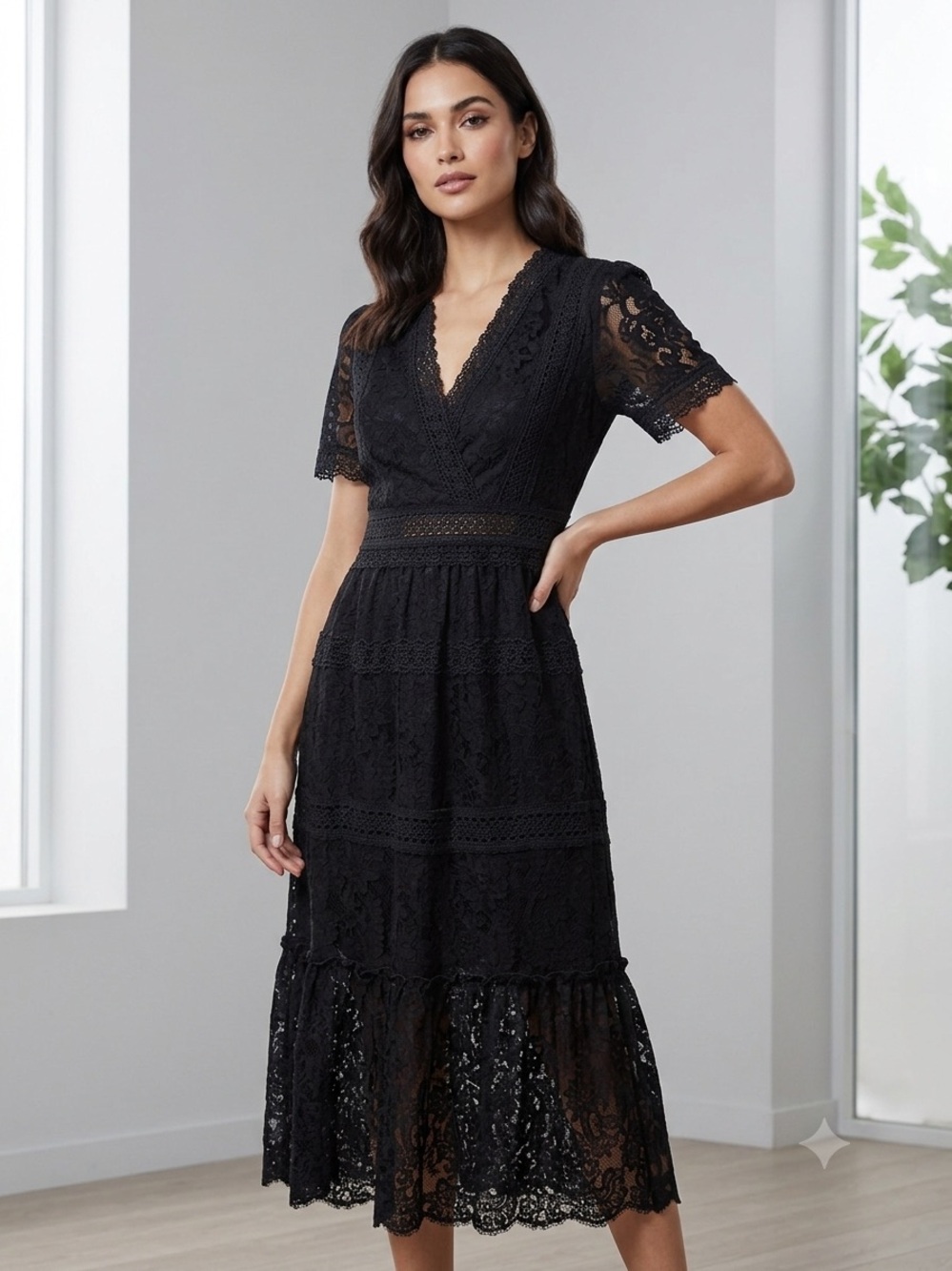 The Kooples Black Lace Tiered V-Neck Midi Dress NWT Size 0